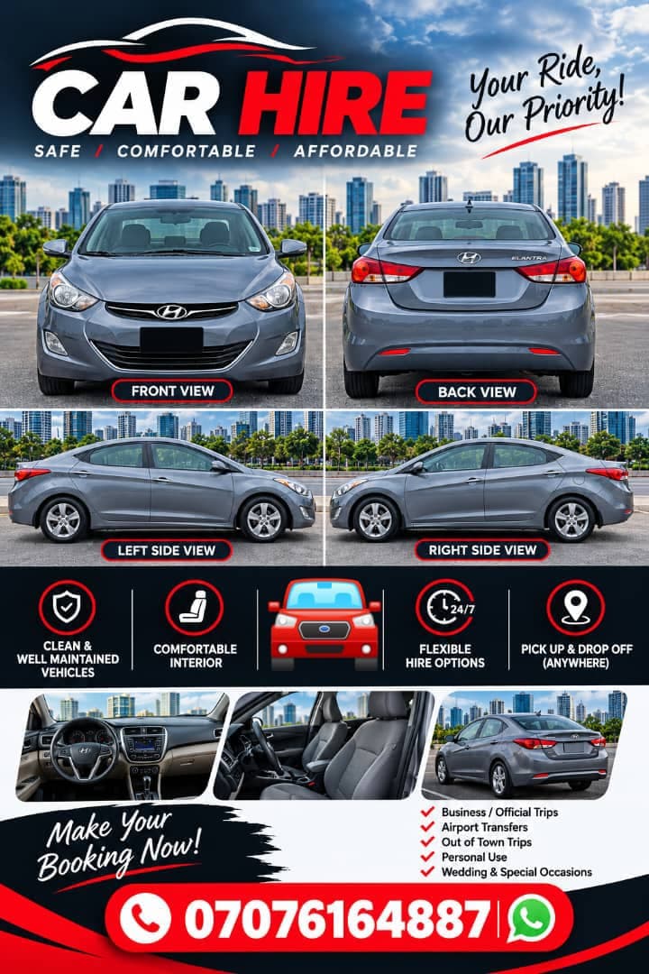 🚘 Hyundai Elantra for Rent – Comfortable Rides, Airport Transfers & Private Hire in Lagos